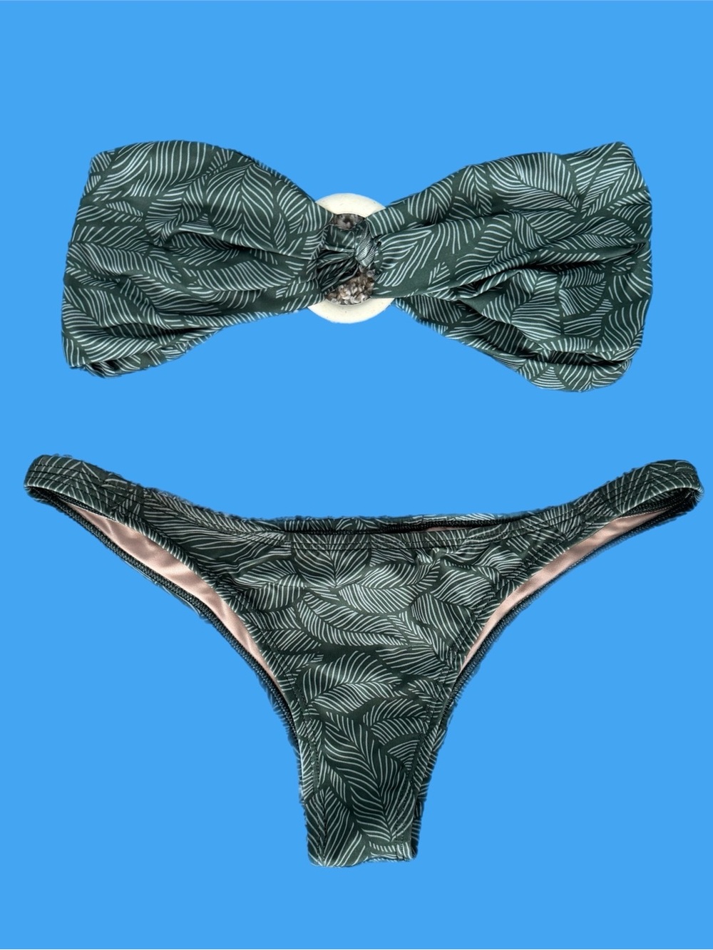 Ama Bikini- Leaf-Print Bandeau Bikini Set in Forest Green